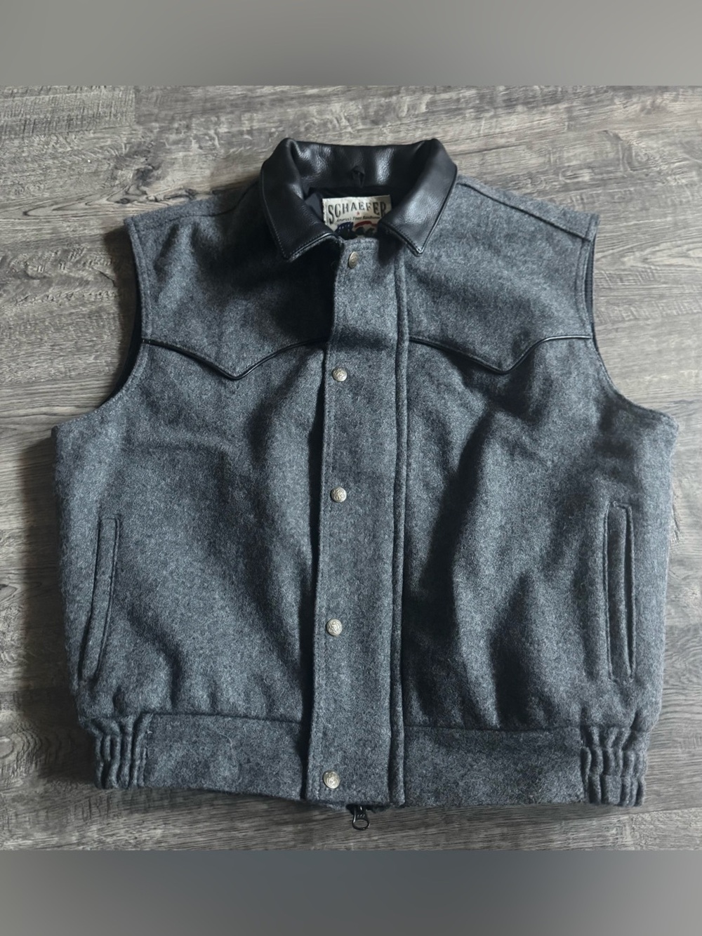 Schaefer Men Gray Wool Vest Snap Zip Front Point Collar Lined Western L